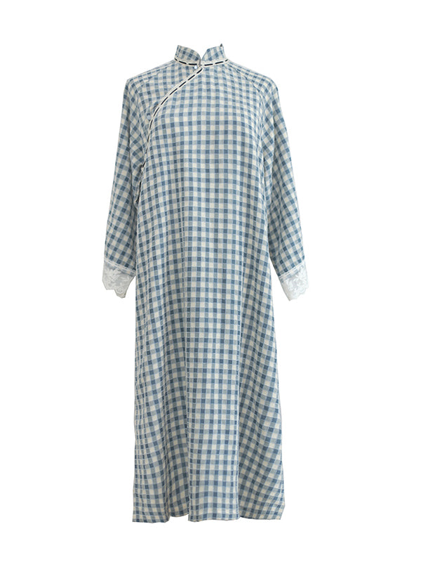 薄藍の格子縞チャイナワンピース
