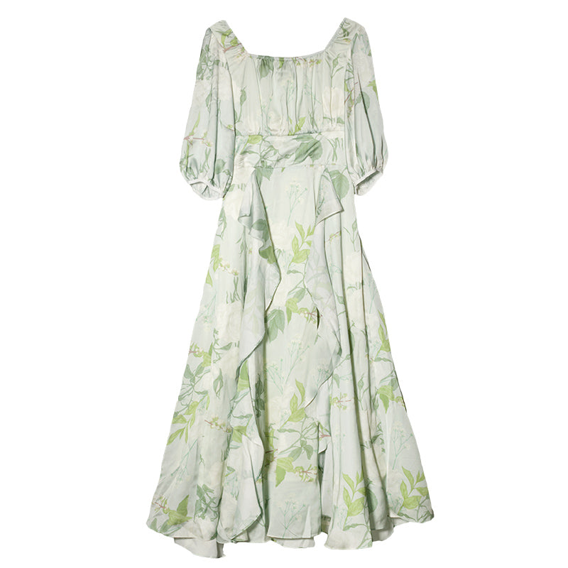 浅青緑の花柄コルセットワンピース