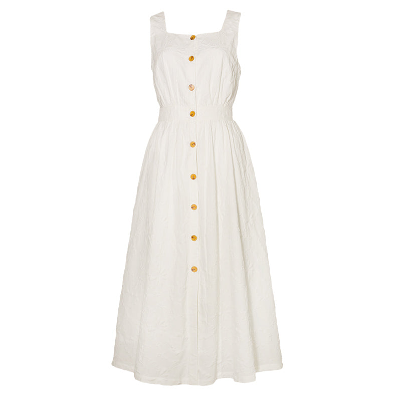 純白の花柄ジャガードノースリーブワンピース