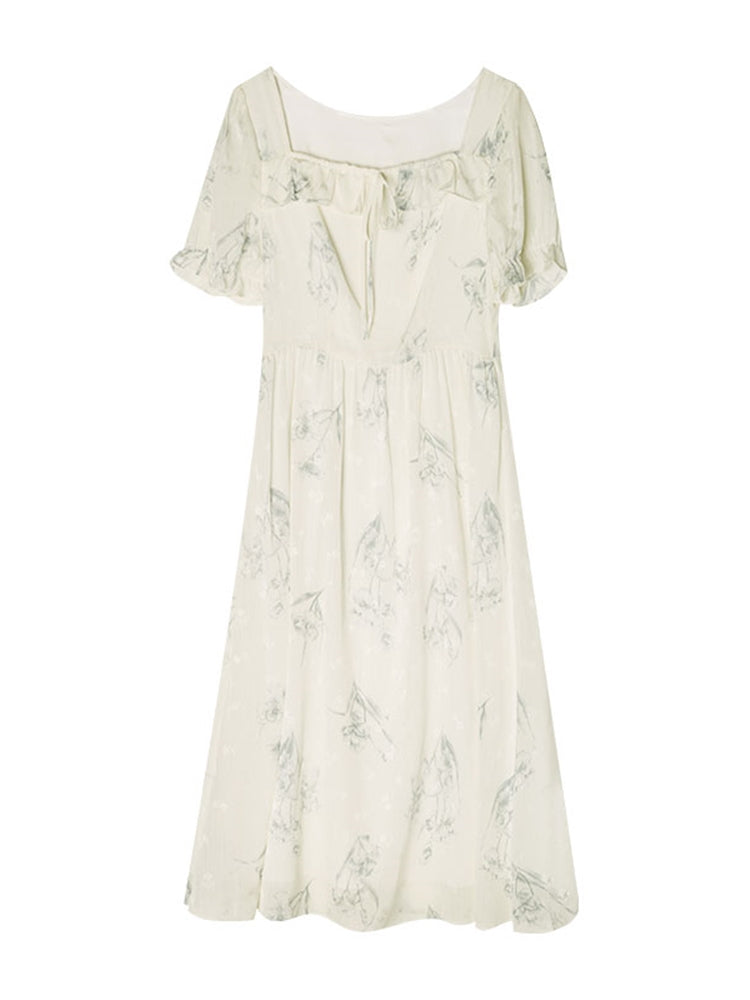 水墨画の花模様フレンチワンピース