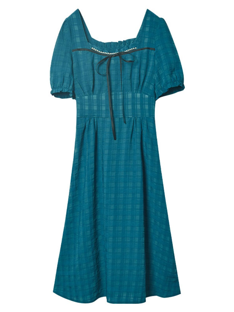 孔雀青の格子縞レトロワンピース