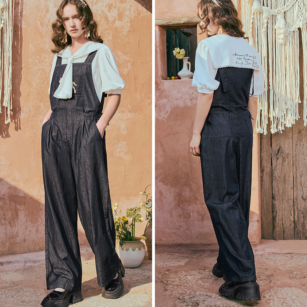 馬の石膏像の刺繍デニムサロペットパンツ