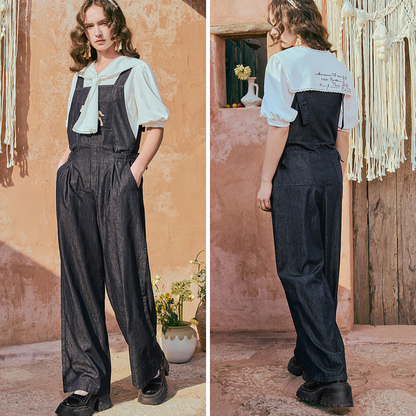 馬の石膏像の刺繍デニムサロペットパンツ