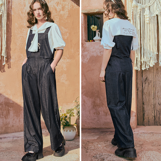 馬の石膏像の刺繍デニムサロペットパンツ