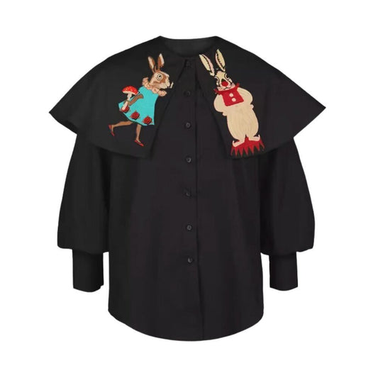 Fairy Tale Two Rabbits Black Cape Collar Long Sleeve Shirt 