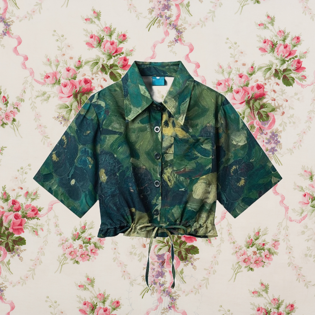 濃緑の油彩画ショートシャツ