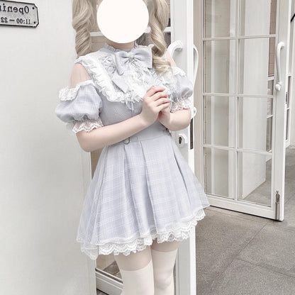 灰藍の天使の刺繍フリルワンピース