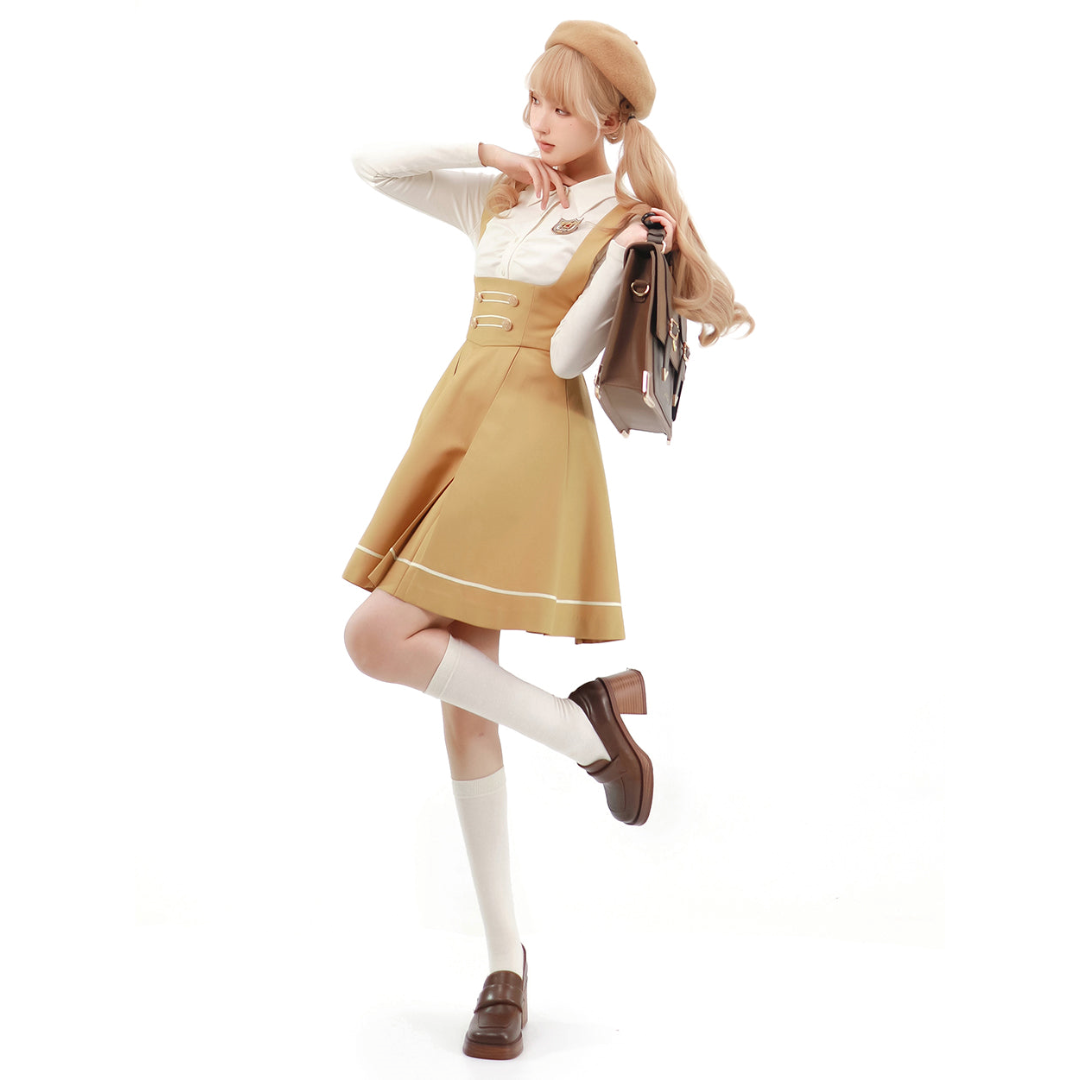 Mustard colored literary girl jumper skirt ＆ blouse