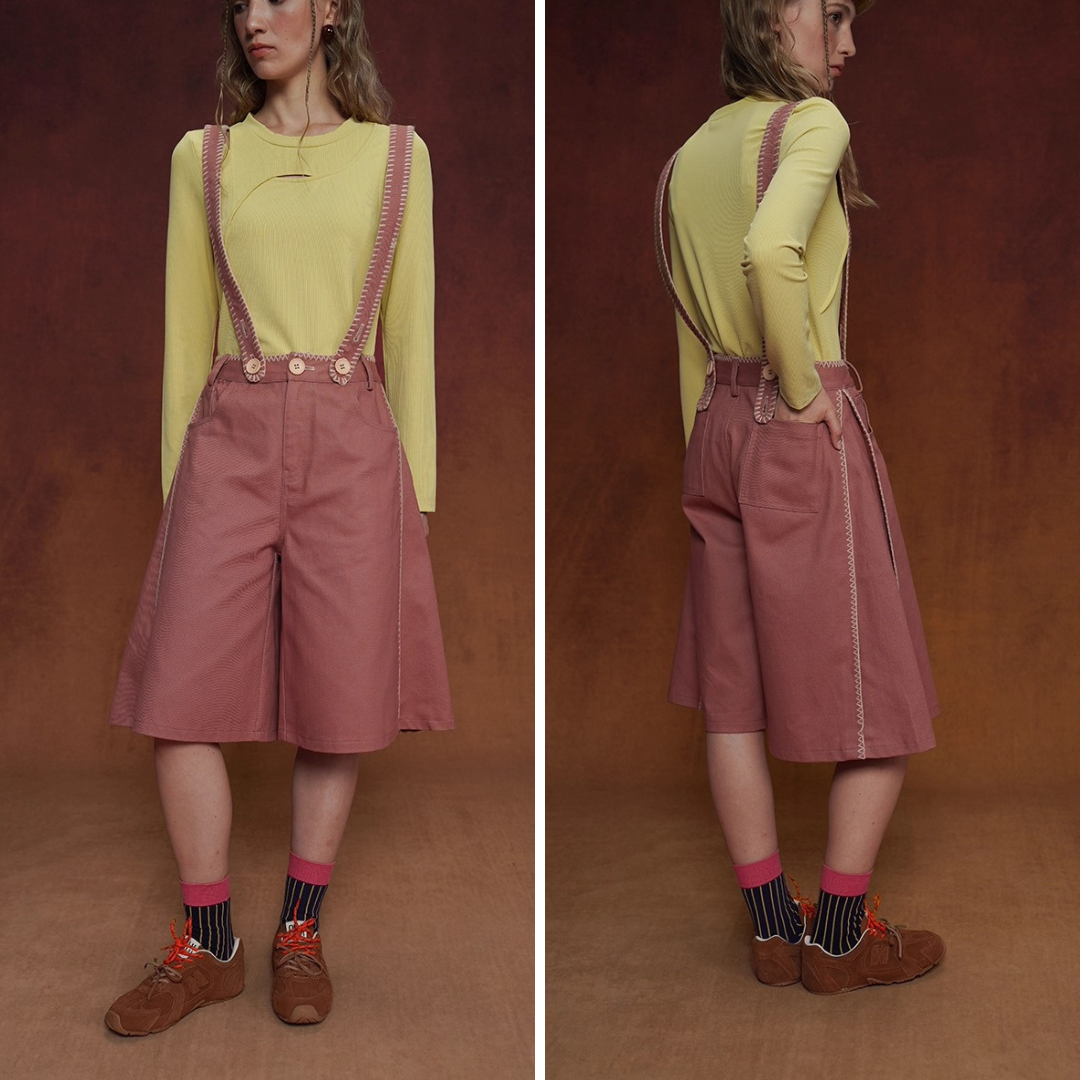 煉瓦色の刺繍ストラップパンツ