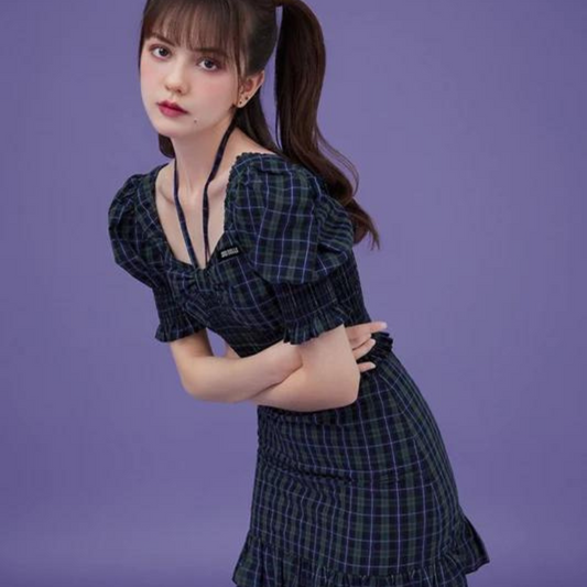 Mysterious Girl Halter Neck Plaid Mini Dress 
