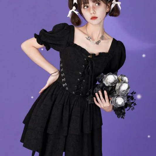Black rose girl lace-up dress 