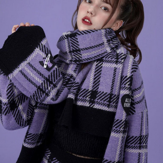 Lavender girl plaid knit scarf
