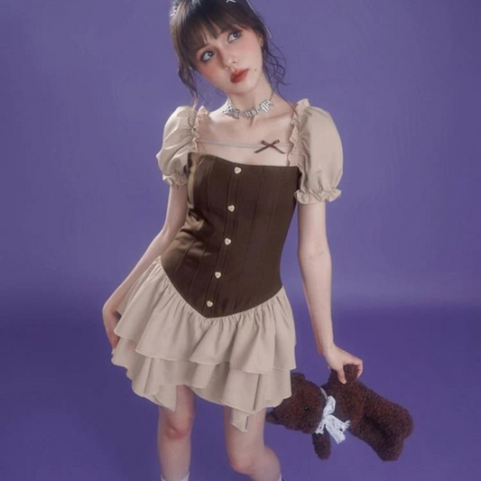 Brown girl switching corset dress 