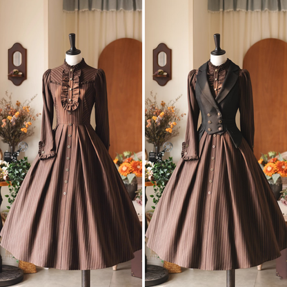 英国のお嬢様のクラシカルストライプワンピース - Brown