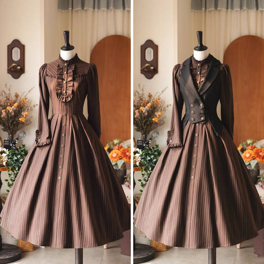 英国のお嬢様のクラシカルストライプワンピース - Brown