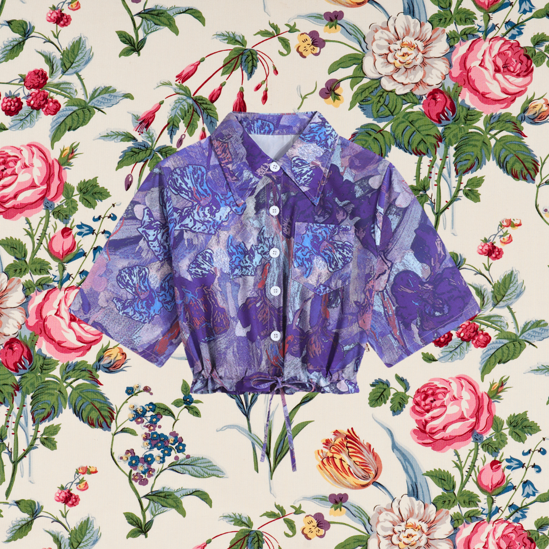 本紫の花の抽象画ショートシャツ