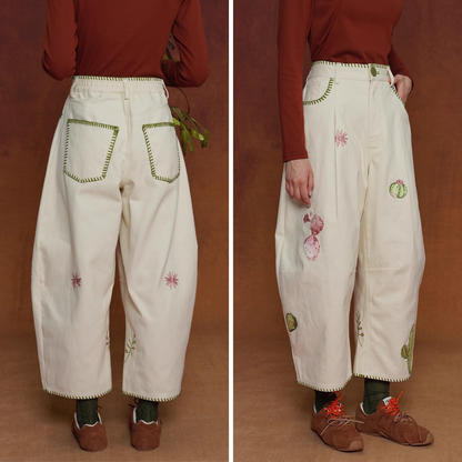 サボテンと花の刺繍ワイドパンツ