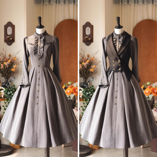 英国のお嬢様のクラシカルストライプワンピース - Gray