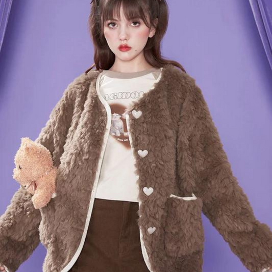 Fluffy Girl Heart Button Collarless Fur Coat 