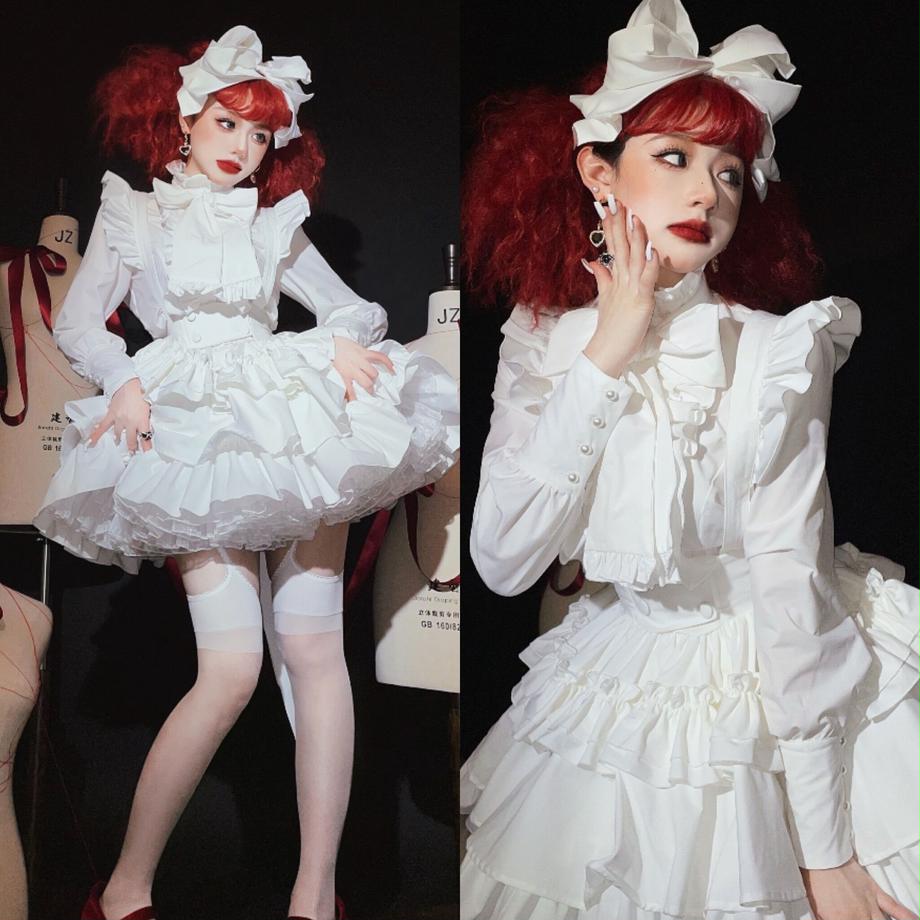 Pure white lady gothic ribbon blouse & ruffled skirt
