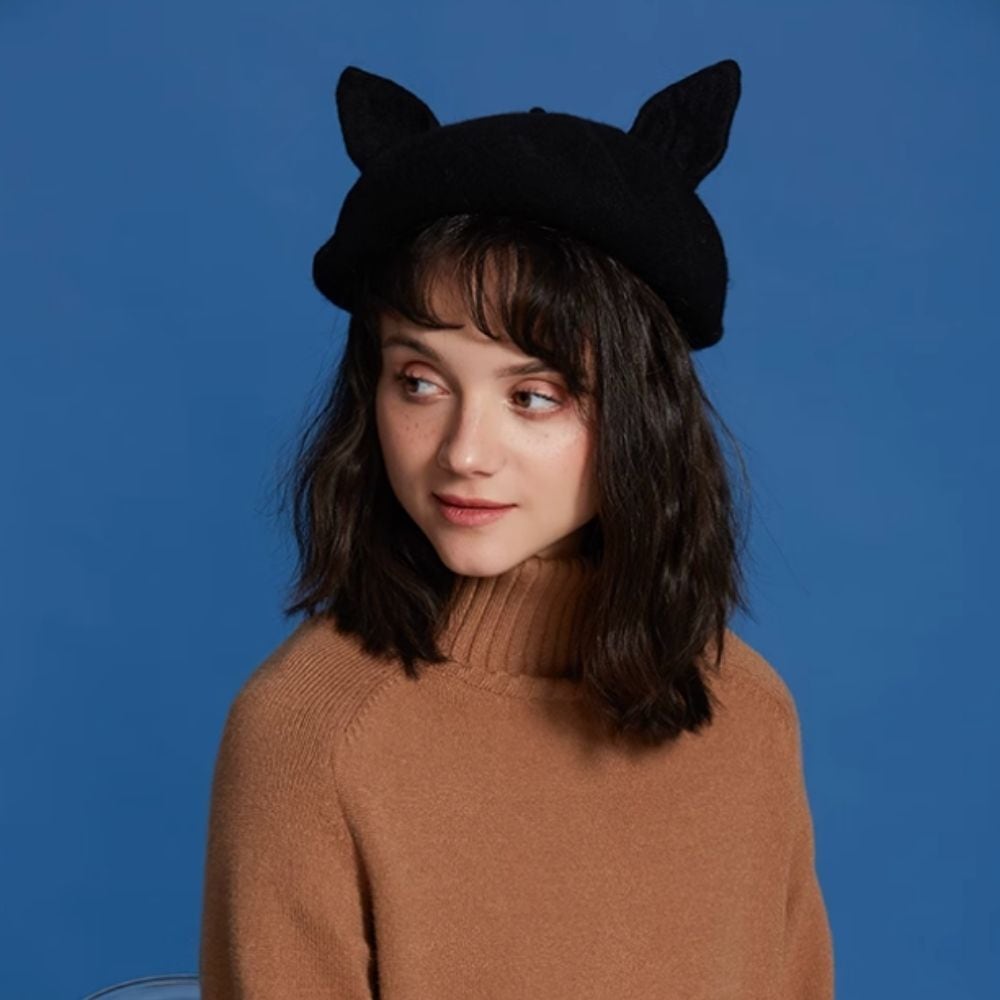 black cat ears wool felt beret 