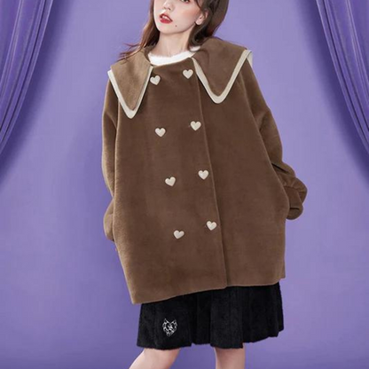 Fluffy Girl Heart Button Big Color Double Coat