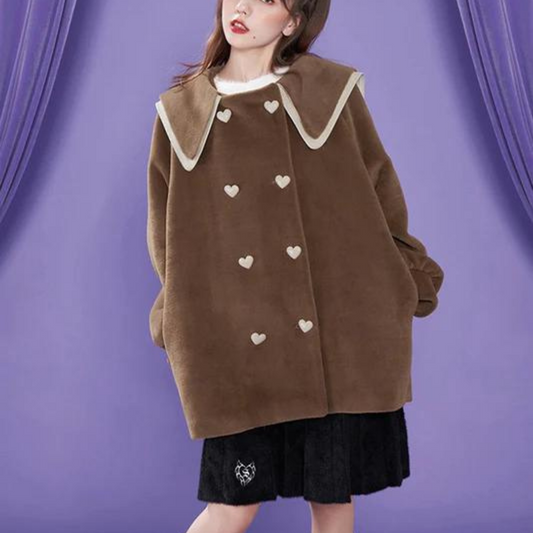 Fluffy Girl Heart Button Big Color Double Coat 