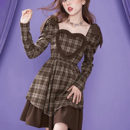 British Girl Big Heart Frill Plaid Dress