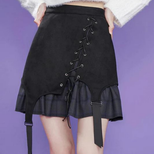 Black Girl Diagonal Lace Up Layered Skirt 