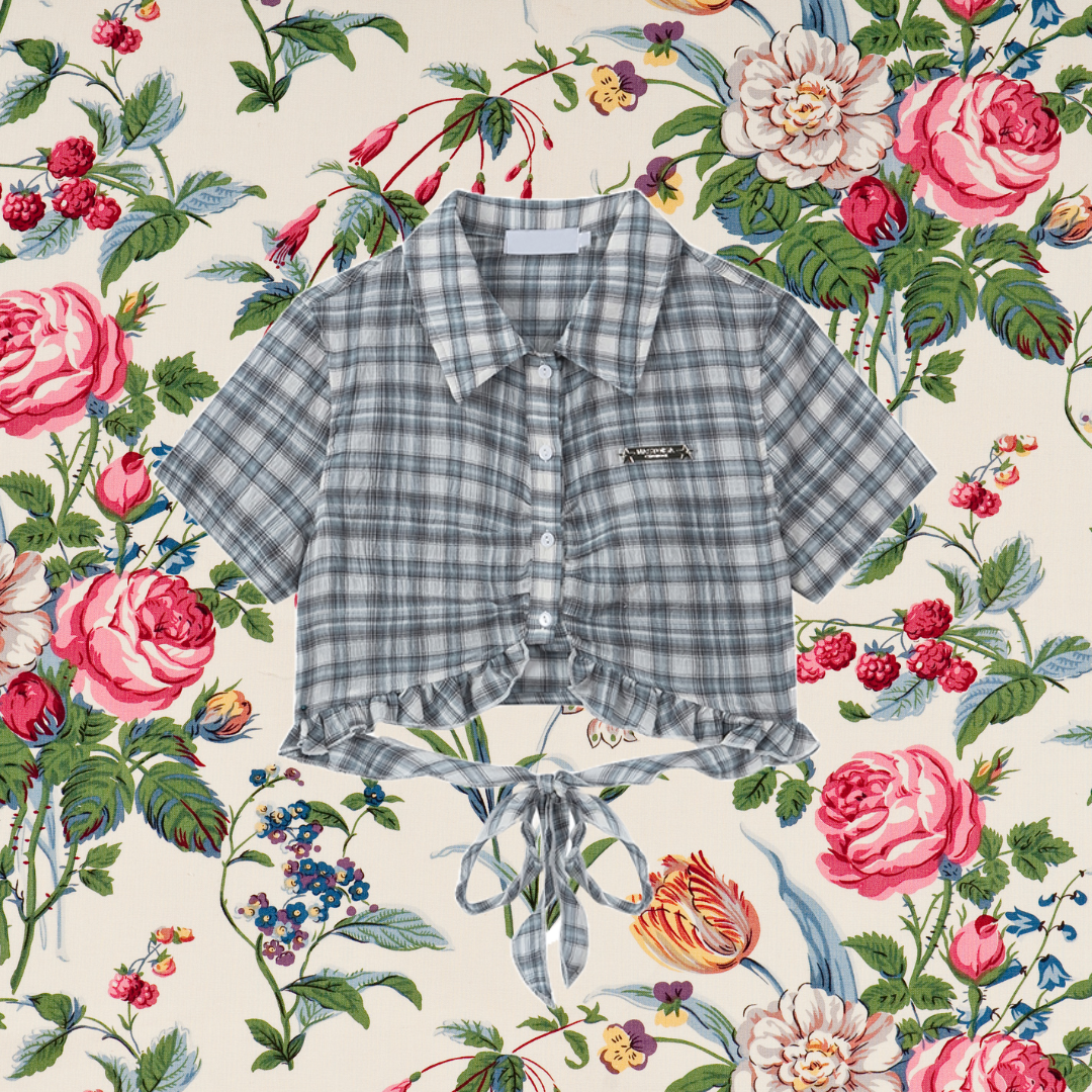 灰藍格子柄のフリルショートシャツ