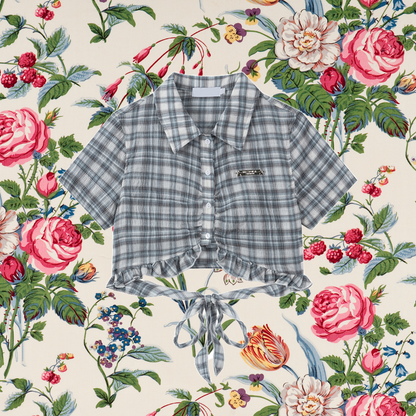 灰藍格子柄のフリルショートシャツ