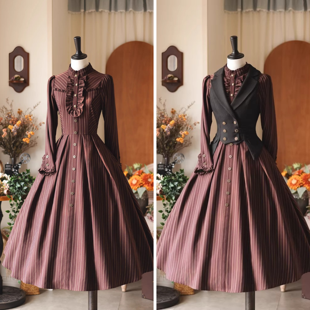 英国のお嬢様のクラシカルストライプワンピース - Burgundy