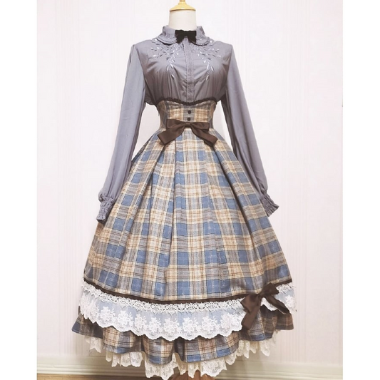 Blue-grey lady plaid high-waisted skirt