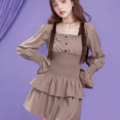 Mocha Girl Square Neck Shirring Dress 