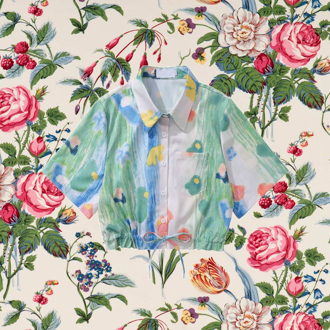 油絵の花絵画ショートシャツ