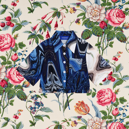 紺藍の抽象画ショートシャツ