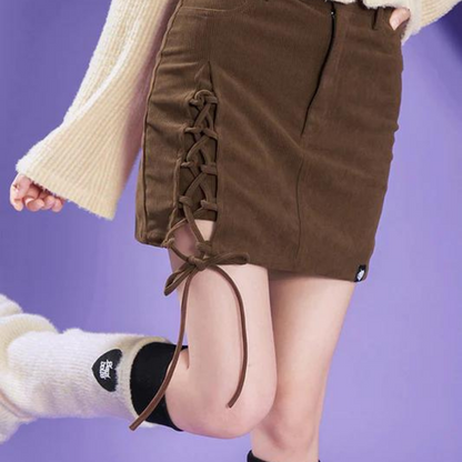 Dreamy Girl Side Lace-up Corduroy Miniskirt