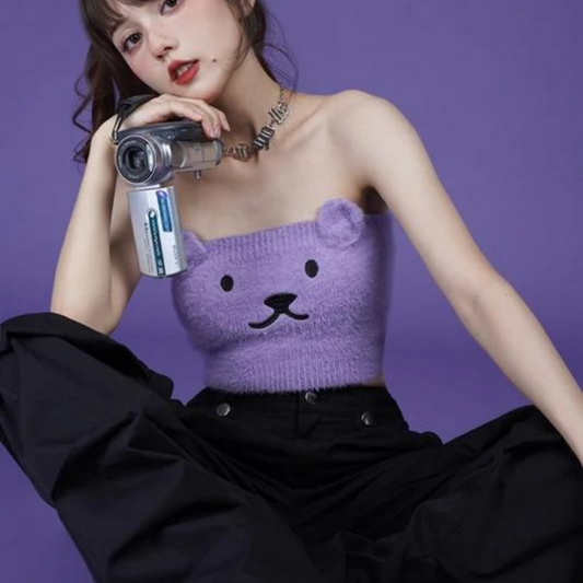 Purple Girl Bear Cropped Knit Tube Top 