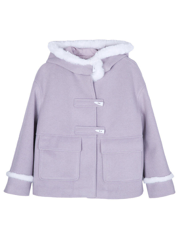 Purple horn button hooded woolen coat