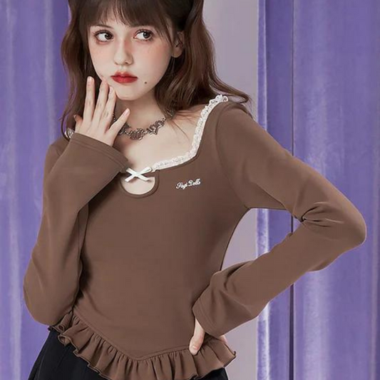 brown girl front frill ribbon cropped top 