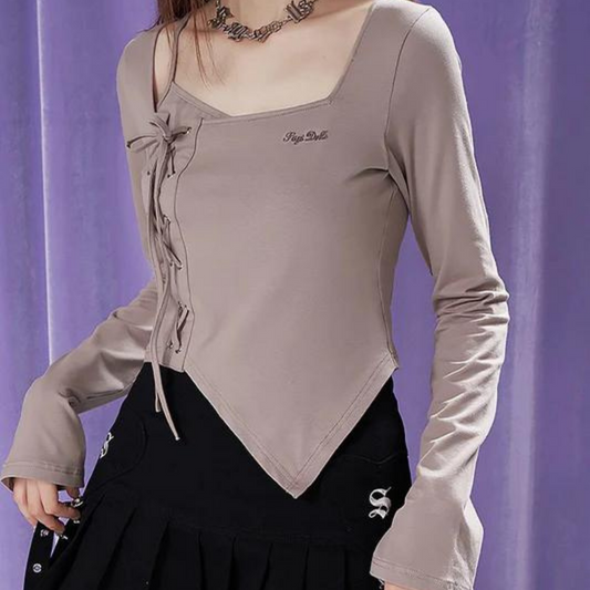 Elegant Girl Side Lace Up Tight Tops 
