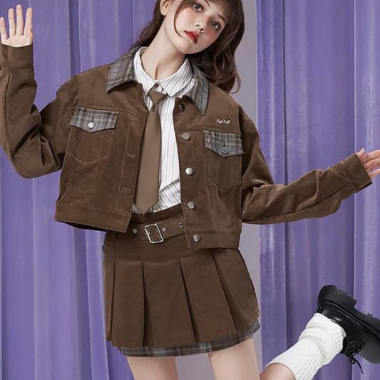 Detective Girl Corduroy Plaid Jacket + Pleated Skirt Setup 