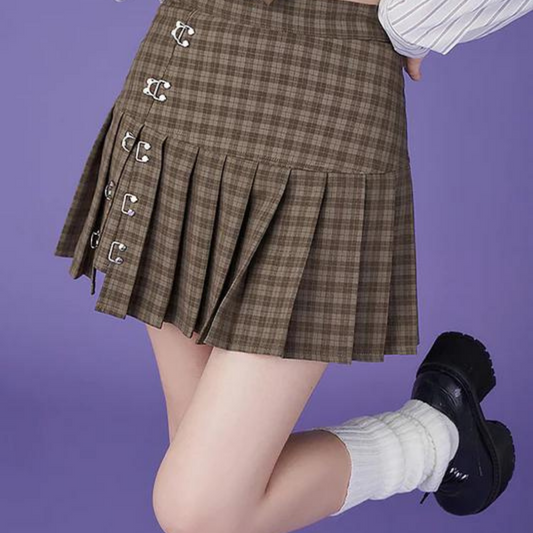 Student Girl Side Hooks Plaid Pleated Skirt 