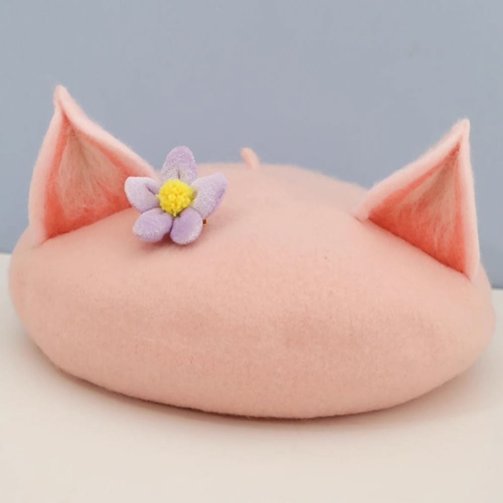 Baby pink fox ears wool felt beret 