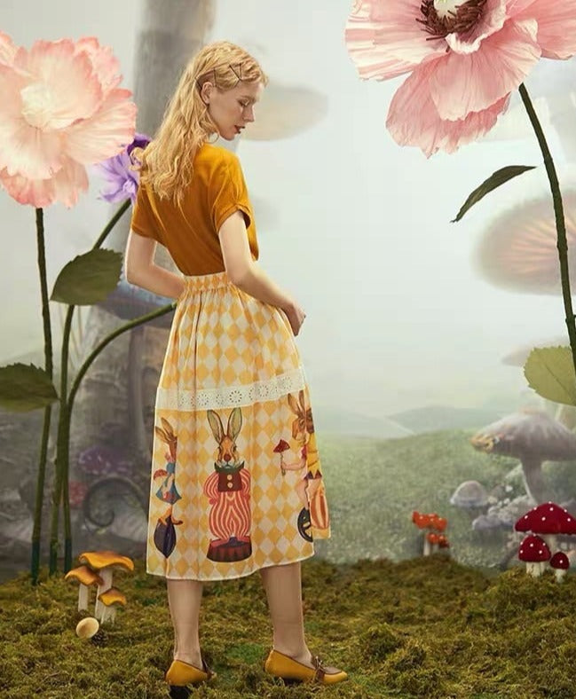 Plaid Fairytale Rabbit Spring Lace Embroidery Skirt