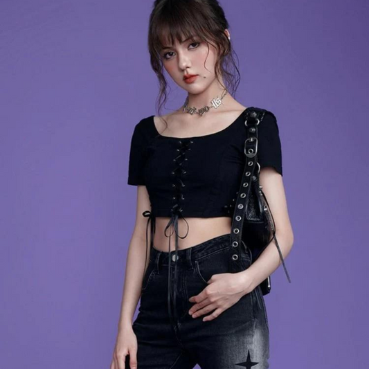 Black Girl Lace Up Cropped Tight Tops 