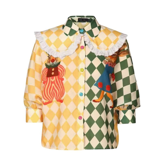Fairy tale two rabbits color button diamond check seven sleeve shirt 