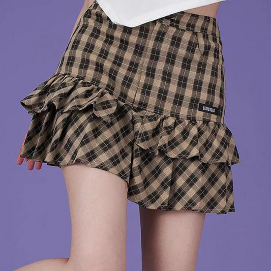 80's Girl Plaid Frill Short Skirt 