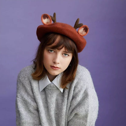 bambi ears and horns wool felt beret 