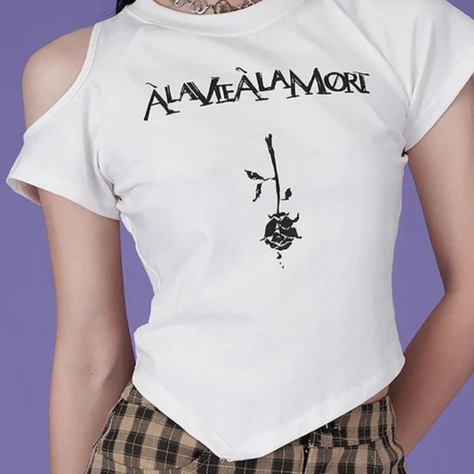 rock girl asymmetric black rose design shirt 